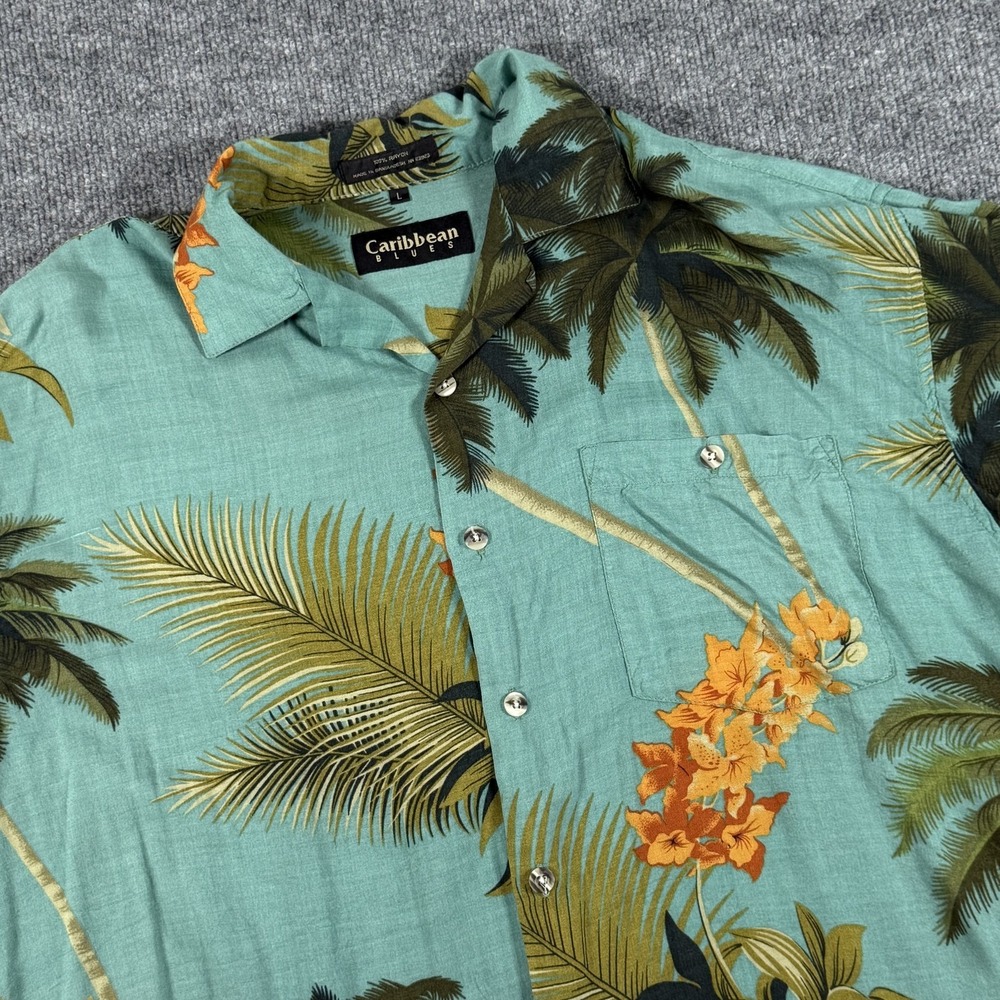 Caribbean Blues Shirt Mens Large Green Floral Palm Tree Hawaiian Rayon‎ Camp